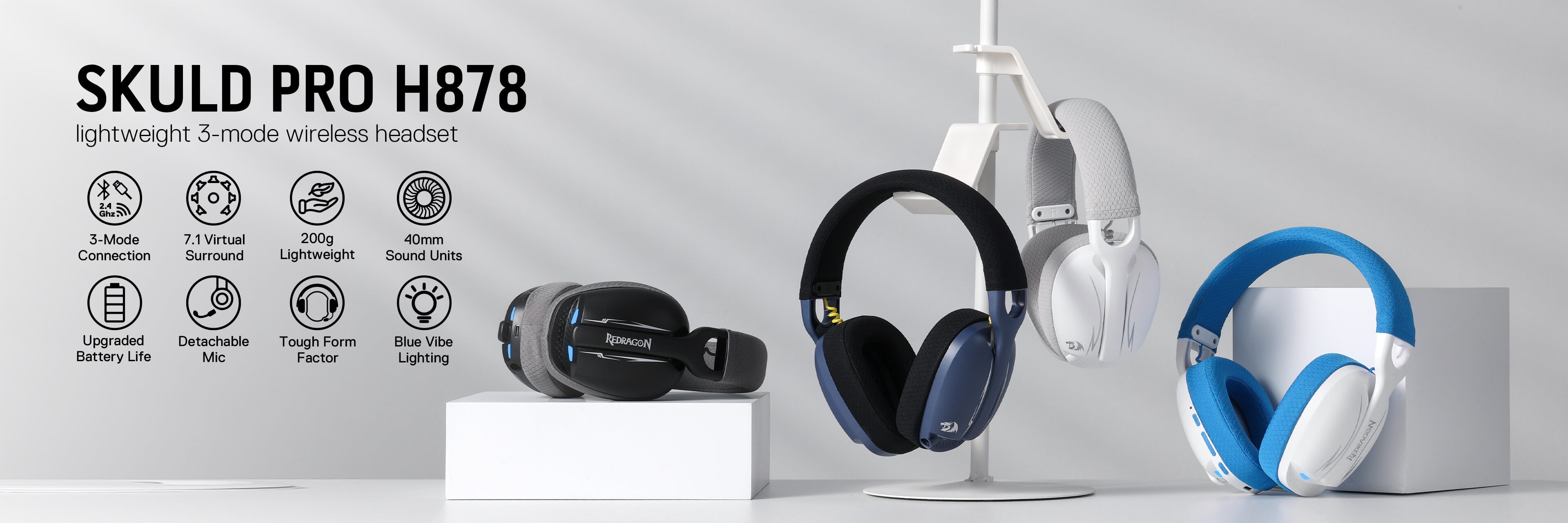 Redragon SKULD PRO H878 3-Mode Wireless Blue LED Gaming Headset