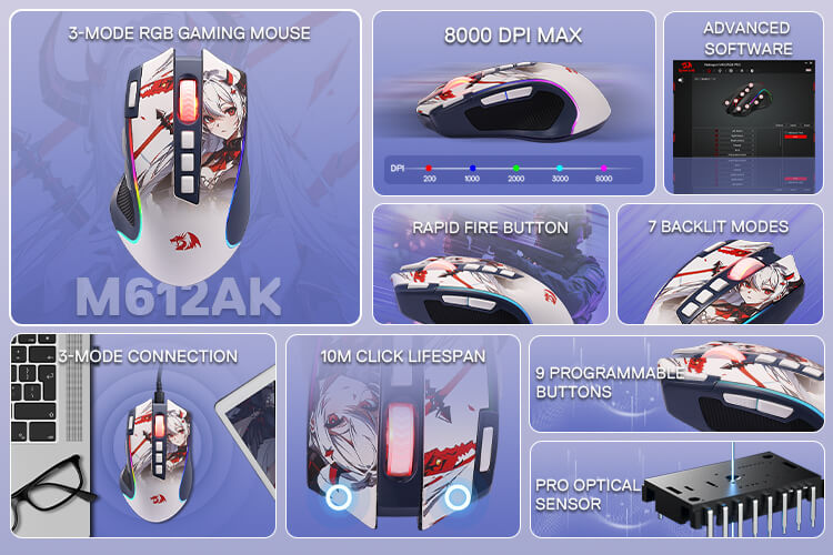 Redragon M612AK PRO RGB Gaming Mouse, 8000 DPI Wired/Wireless Optical Mouse with 9 Programmable Buttons & 7 Backlit Modes, BT & 2.4G Wireless, Software Supports DIY Keybinds Rapid Fire Button