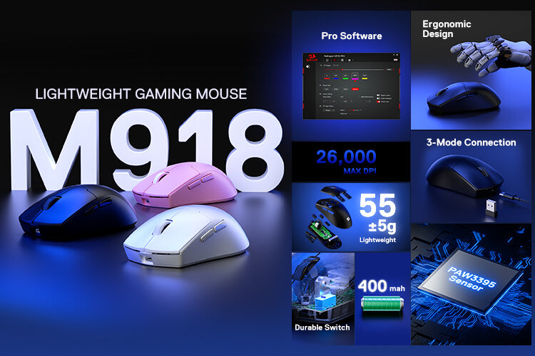 Redragon M918 PRO 3-Mode Wireless Gaming Mouse, 55G Lightweight 26K DPI Gamer Mouse w/Ergonomic Natural Grip Build, Full Programmable Buttons, Software Supports DIY Keybinds & DPI
