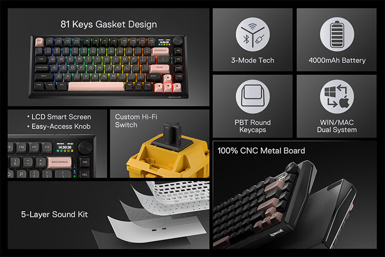 Redragon K720 Wireless CNC Gasket Gaming Keyboard w/Hype Screen & Knob, 81 Keys Mechanical Keyboard, Smart 1.14’’ TFT Info Display, 5-Layer Noise Dampening, Custom Linear Switch