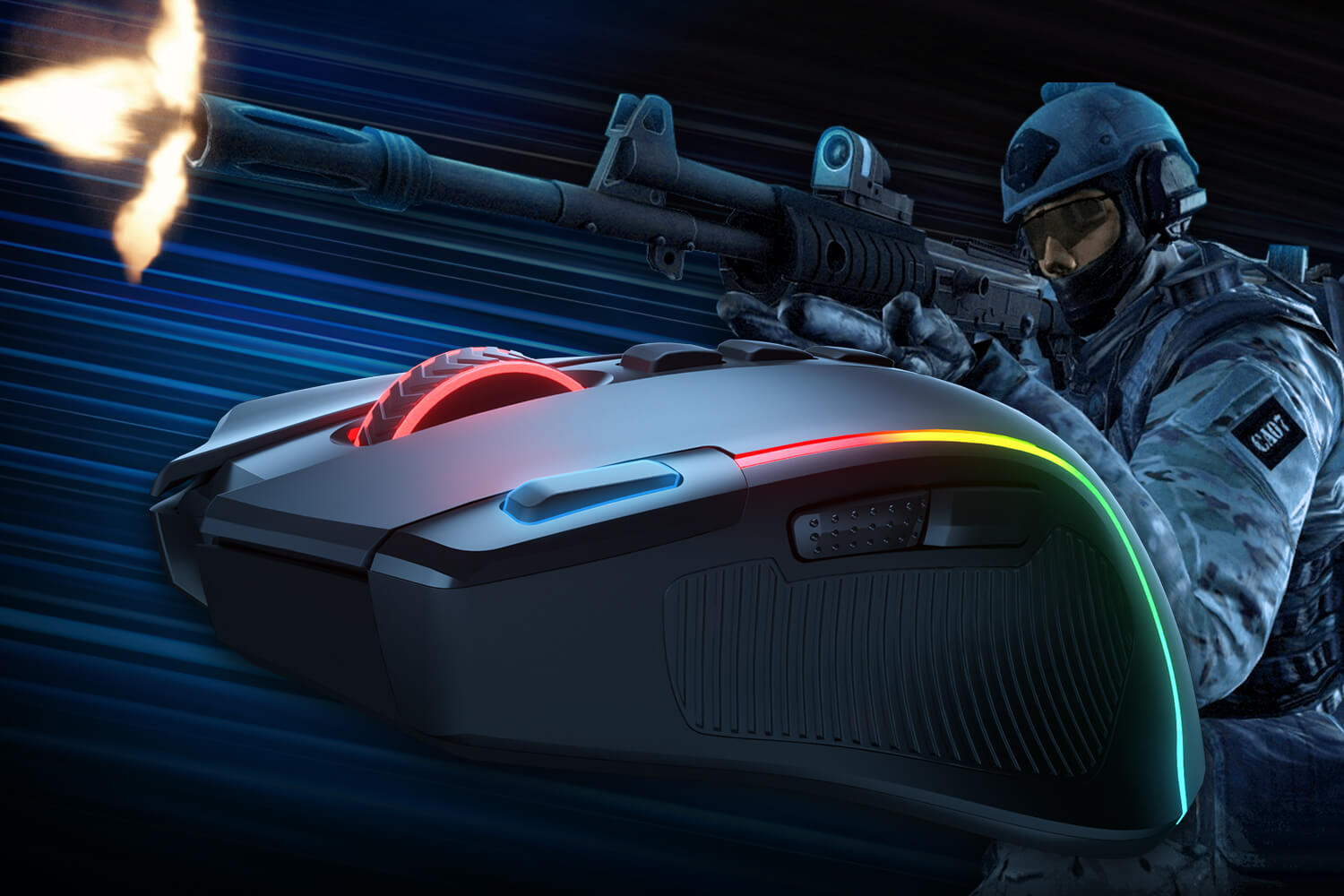Close-up of Redragon PREDATOR M612 PRO mouse alongside a soldier in action, symbolizing fast-paced, precise gaming control with RGB lighting effects