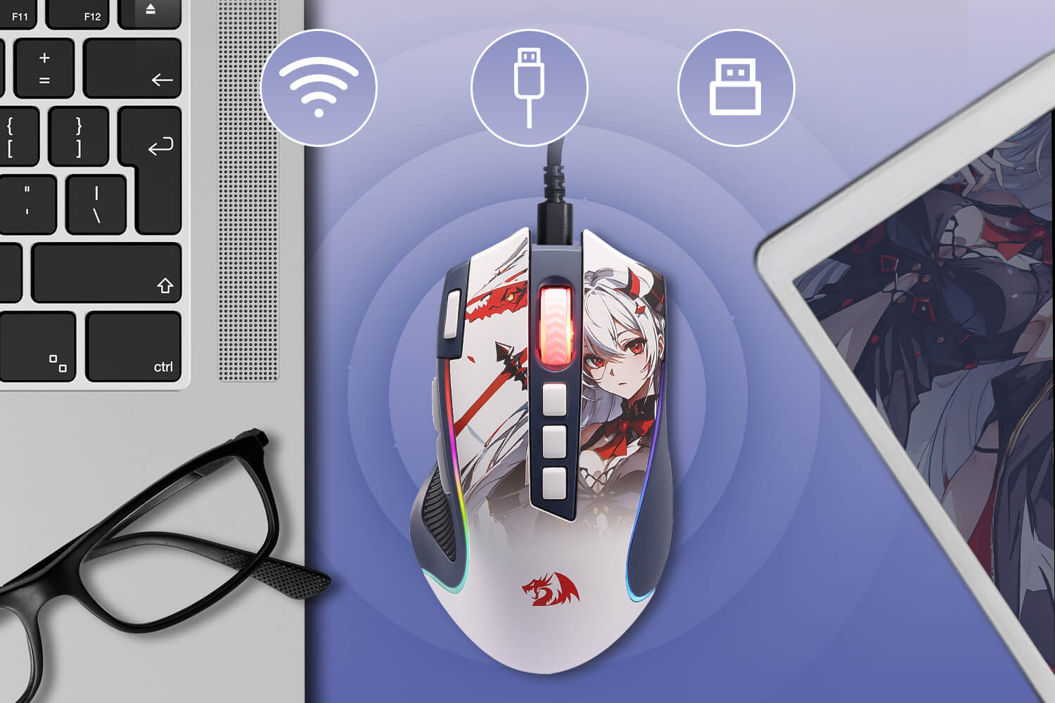 Mouse with anime design on a desk with laptop, glasses, and tablet