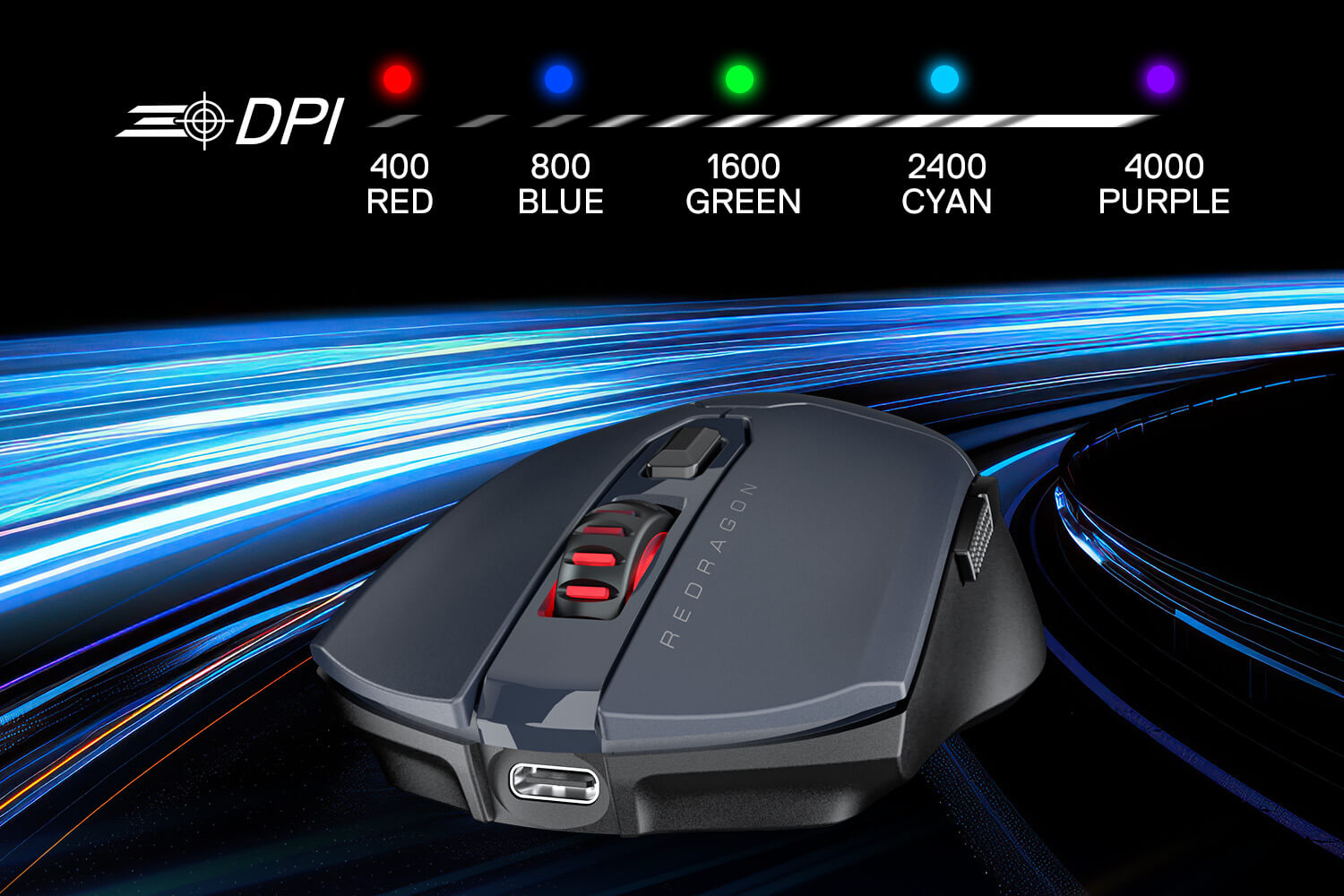 Gaming mouse with DPI color indicator on a dynamic background