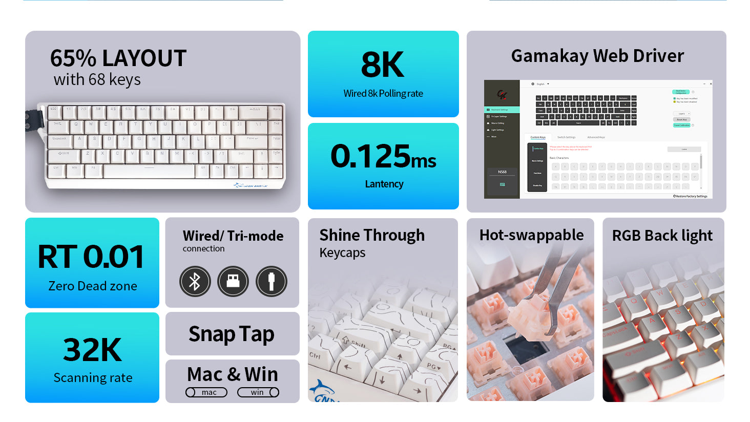 The Main features of the NS68 Hall effect keyboard K polling rate, 32 K scanning rate, RT 0.01 accuracy, zero dead zone; Snap tap gaming functions; supports Mac and Win systems; full keys hot swappable ,attractive RGB light effect; web driver settings