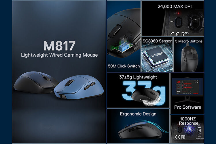 M817 gaming mouse with specifications on a dark background