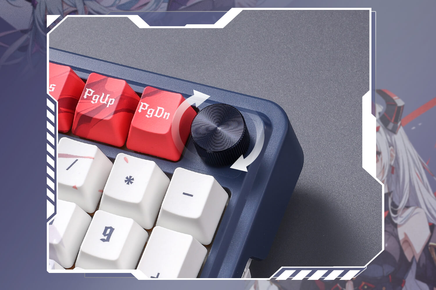 Media control knob on Redragon K686 PRO SE, with anime-themed red and white keycaps in focus