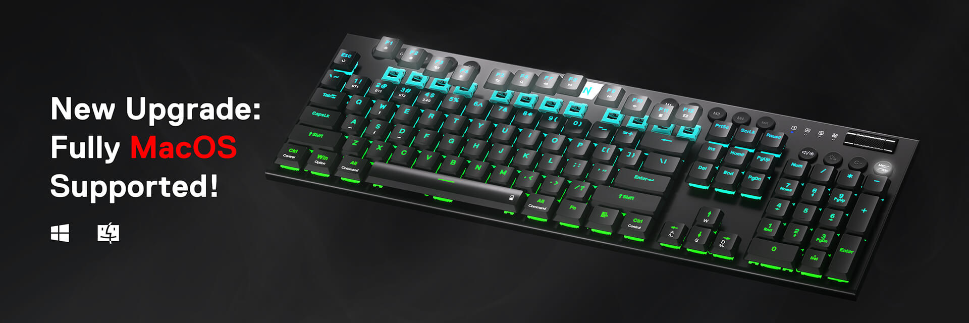 Redragon Horus mechanical keyboard featuring dynamic RGB lighting and ultra-slim design, compatible with Windows and Mac systems