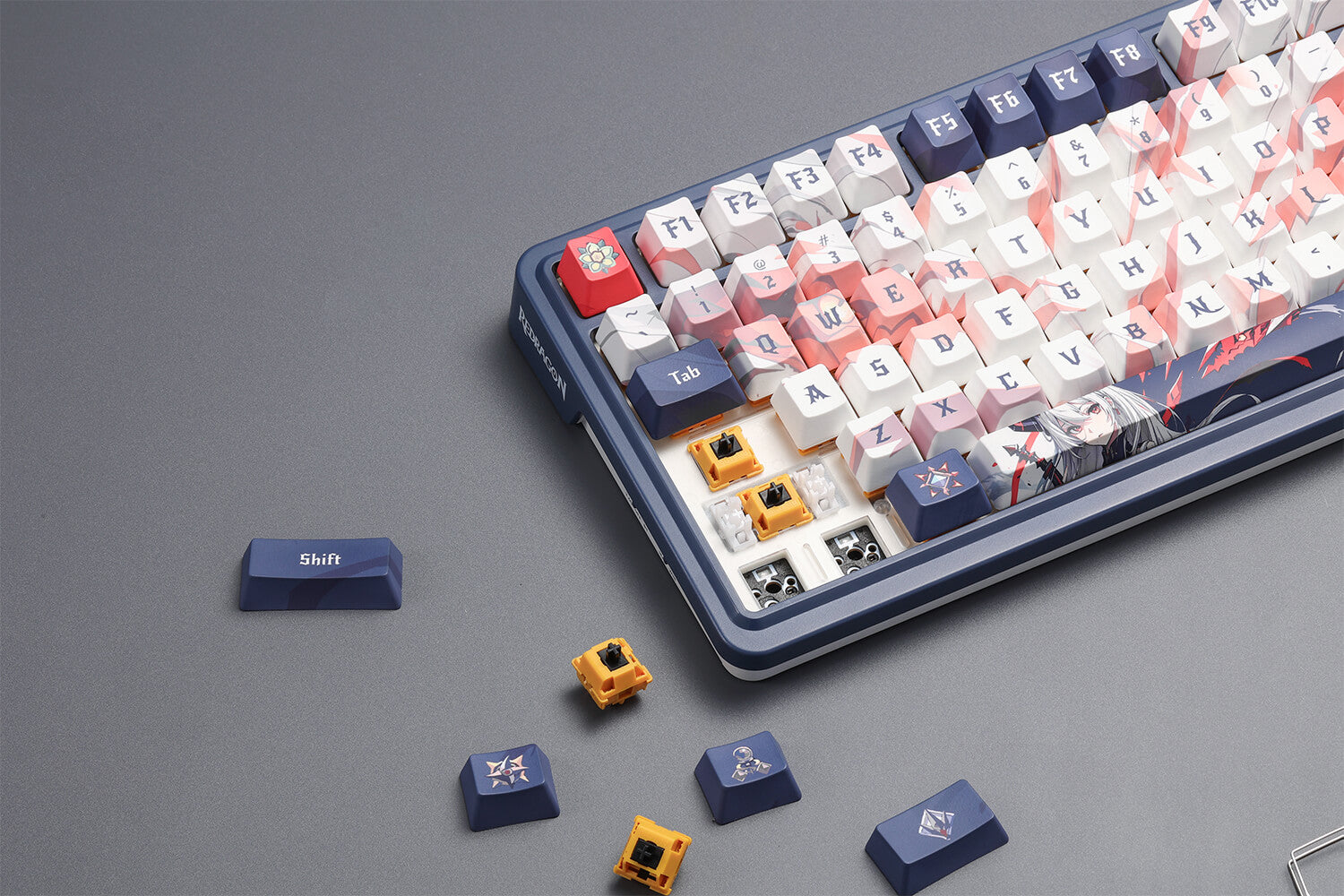 Close-up of K686 PRO SE keyboard showcasing hot-swappable switches and anime-themed keycap designs