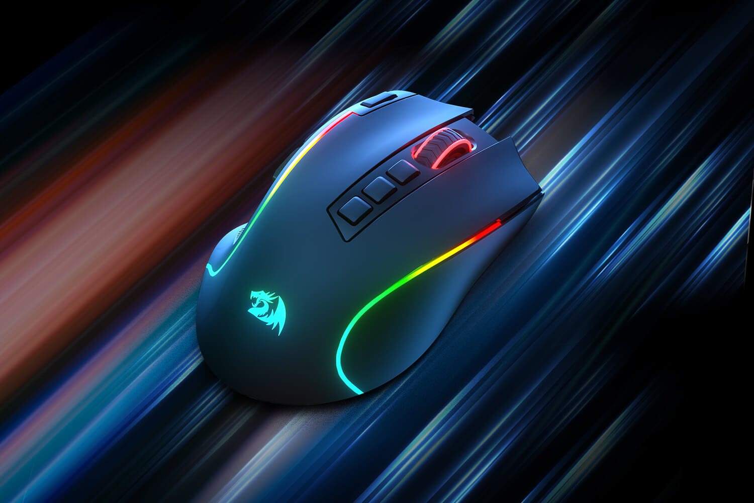 Redragon PREDATOR M612 PRO gaming mouse in action, highlighted with RGB lighting and a sleek, aerodynamic design for competitive gaming