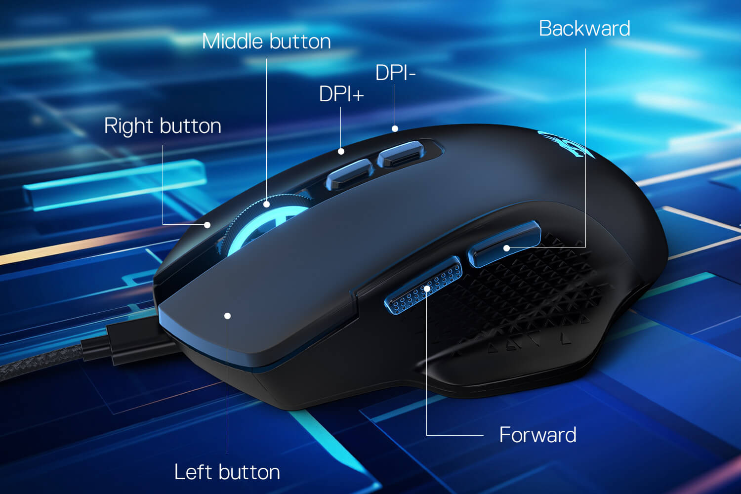 Redragon Gaming mouse with labeled buttons on a blue technical background