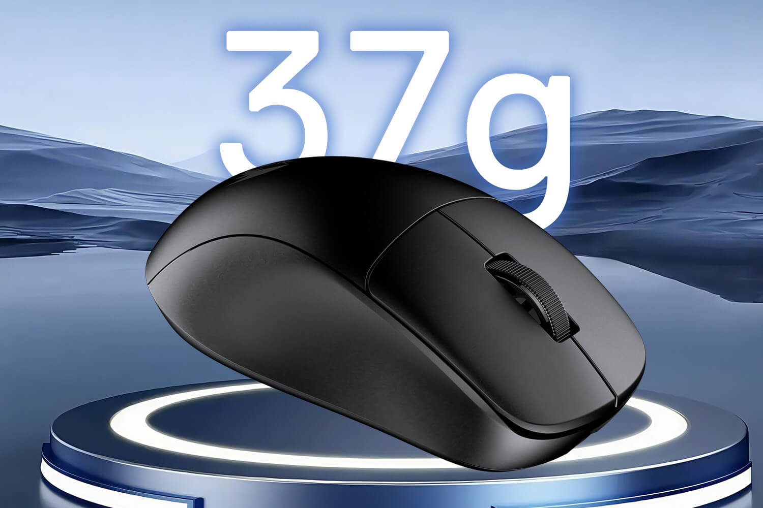 Black computer mouse on a blue gradient background with '37g' text