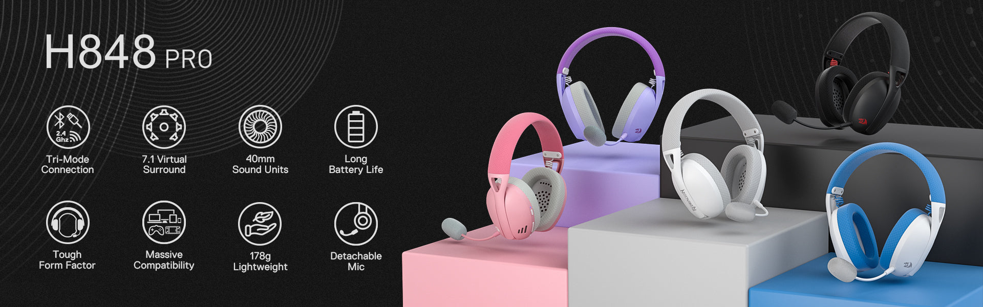Redragon H848 Pro headphones in multiple colors, featuring tri-mode connection, 7.1 virtual surround sound, and long battery life