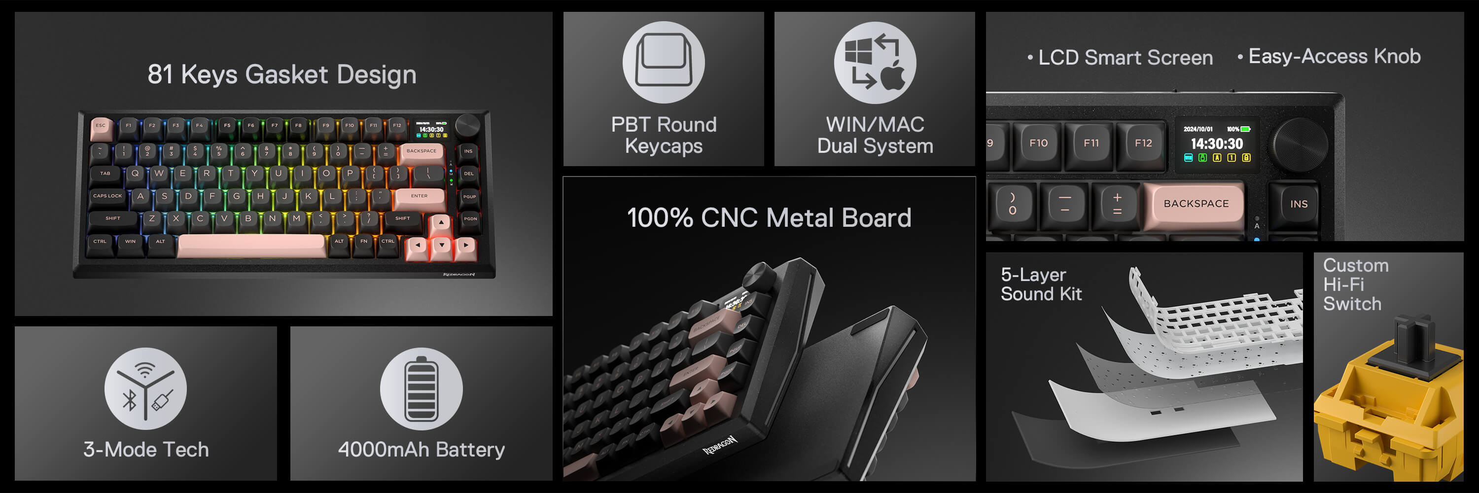 Redragon K720 Wireless CNC Gasket Gaming Keyboard w/Hype Screen & Knob, 81 Keys Mechanical Keyboard, Smart 1.14’’ TFT Info Display, 5-Layer Noise Dampening, Custom Linear Switch, Dawn Sakura Color