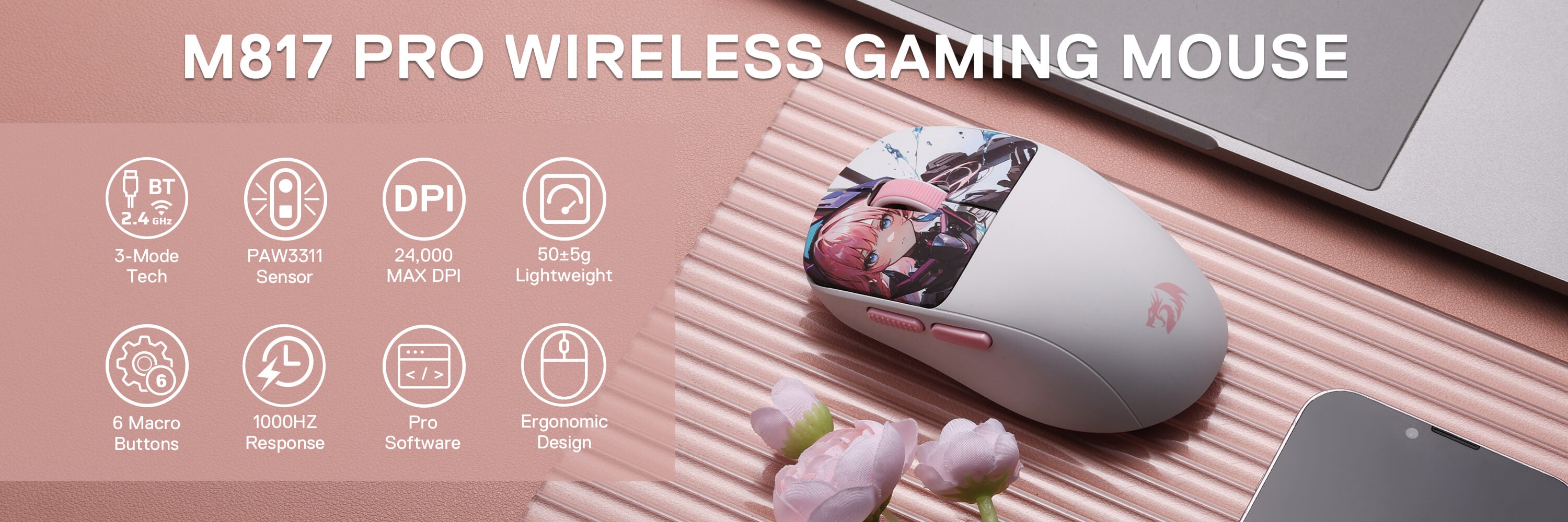 Redragon M817 Pro wireless gaming mouse with features on a pink background