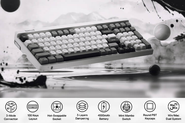 Redragon K656 PRO 3-Mode Wireless RGB Gaming Keyboard, 100 Keys Mechanical Keyboard w/Hot-Swappable Socket, 3 Noise Dampening Layers, PBT Round Keycaps & Custom Linear Switch, Moondust Gray