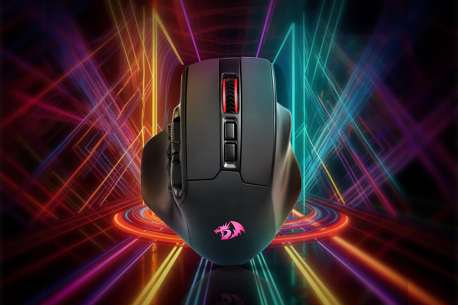 Front view of the AATROX M811 PRO mouse in vibrant lighting, showcasing its scroll wheel and RGB logo.