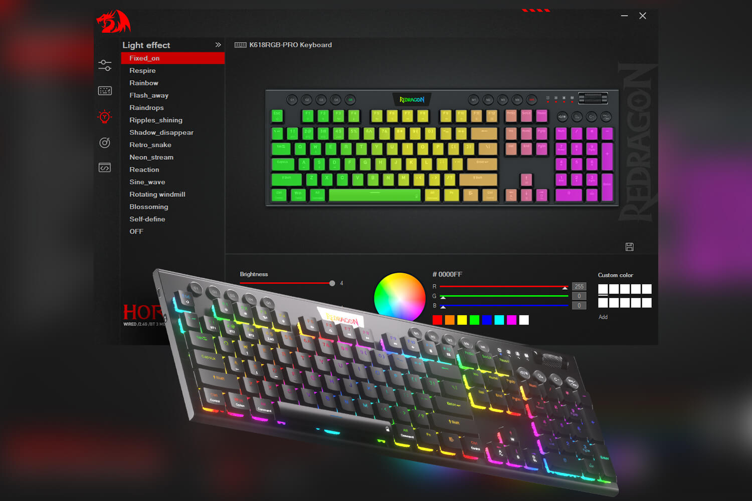 Redragon software interface for customizing RGB lighting effects on the K618 keyboard, with various modes and color options