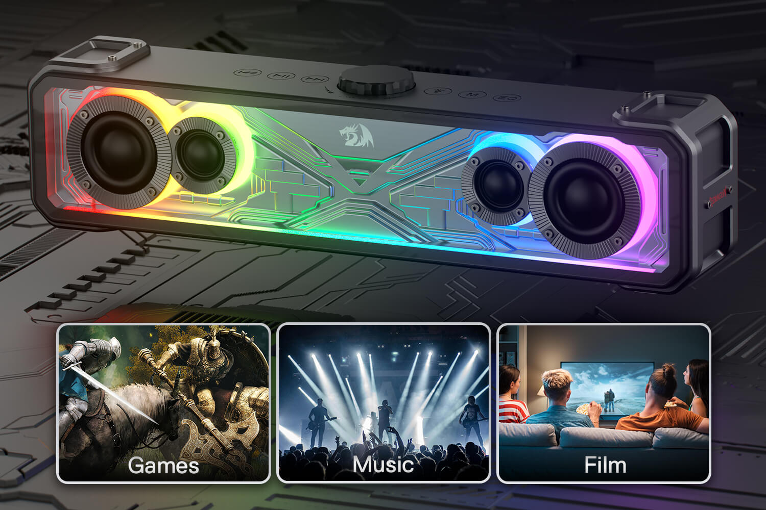 Redragon GS817 RGB Desktop Soundbar, 2.0 Channel Stereo Speakers for Desktop w/Massive 30W Max Power, Touch-Control, Bluetooth 5.3 & 3.5mm AUX Inputs, Black