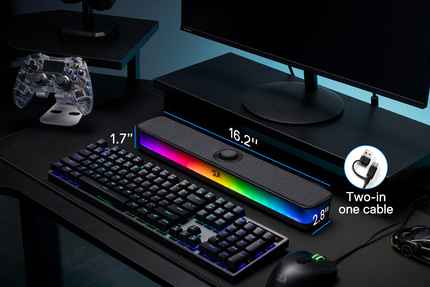 Redragon GS515 RGB Desktop Soundbar, 2.0 Channel Stereo Computer Speakers for Desktop with Bluetooth 5.3, USB-C/USB Powered, Black