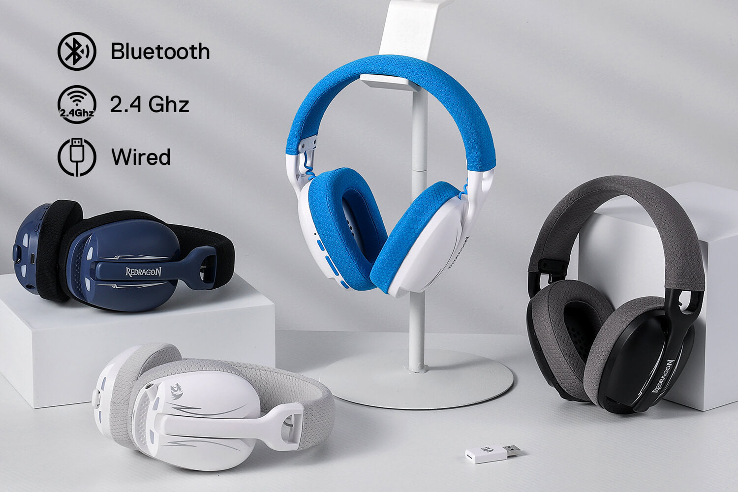Redragon H878 3-Mode Wireless Blue LED Gaming Headset, Lightweight, 7.1 Surround Sound, 40MM Drivers, Detachable Microphone, Multi Platforms for PC, PS5/4/3, Switch, Mobile