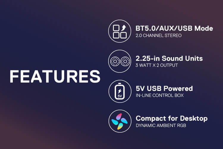 2.0 PC Computer Stereo Speaker w/BT 5.0/AUX/USB Mode
