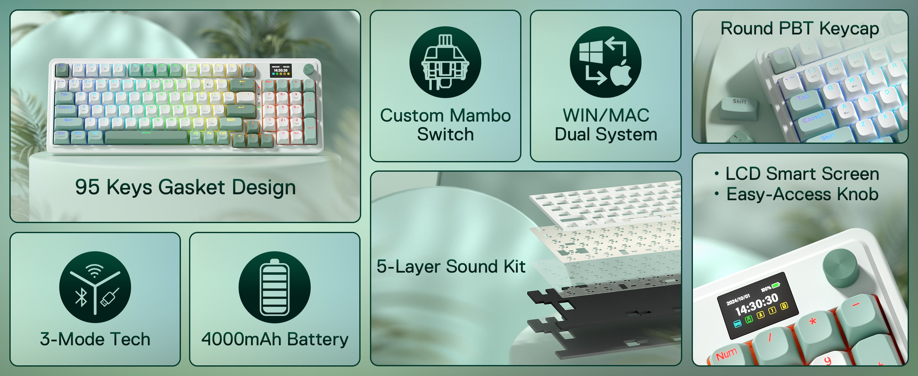 Redragon K719 Wireless Gasket Gaming Keyboard w/Hype Screen & Knob, 95 Keys Mechanical Keyboard, Easy-Control 1.14’’ TFT Info Display, 5-Layer Noise Dampening, Custom Linear Switch, Jade Cloud Color