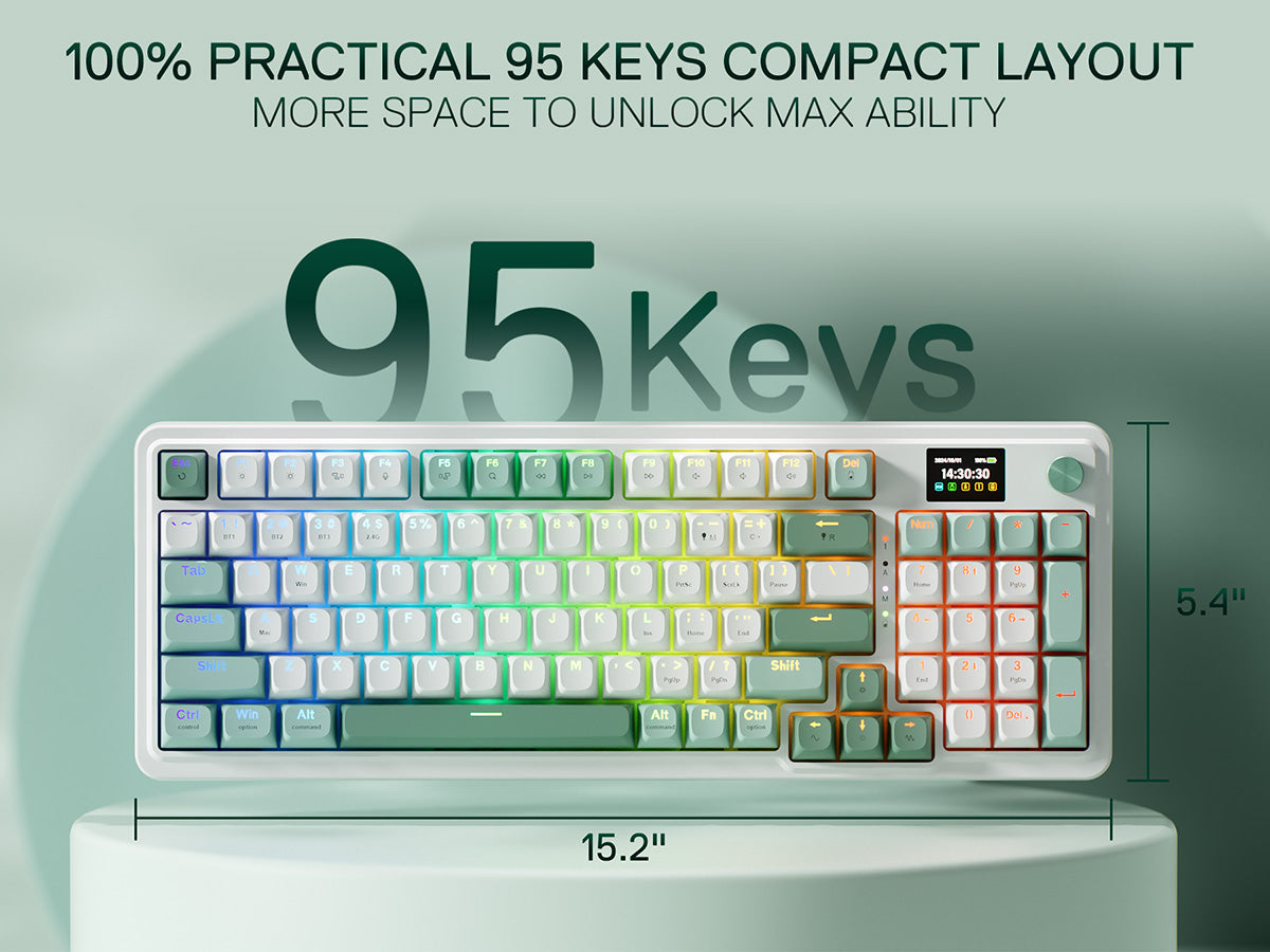 Redragon K719 Wireless Gasket Gaming Keyboard w/Hype Screen & Knob, 95 Keys Mechanical Keyboard, Easy-Control 1.14’’ TFT Info Display, 5-Layer Noise Dampening, Custom Linear Switch, Jade Cloud Color
