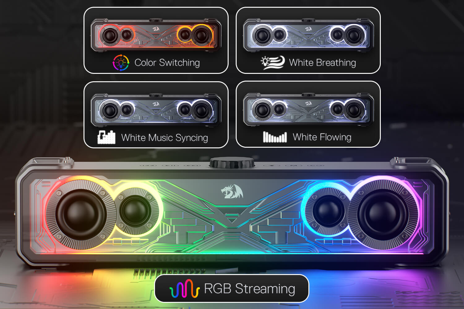 Redragon GS817 RGB Desktop Soundbar, 2.0 Channel Stereo Speakers for Desktop w/Massive 30W Max Power, Touch-Control, Bluetooth 5.3 & 3.5mm AUX Inputs, Black