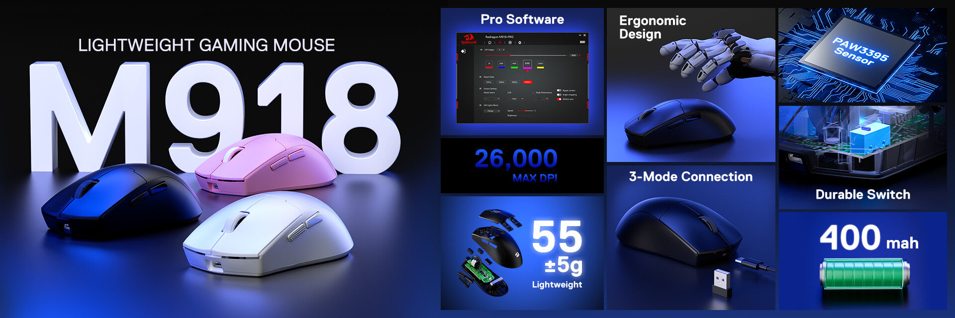 Redragon M918 PRO 3-Mode Wireless Gaming Mouse, 55G Lightweight 26K DPI Gamer Mouse w/Ergonomic Natural Grip Build, Full Programmable Buttons, Software Supports DIY Keybinds & DPI