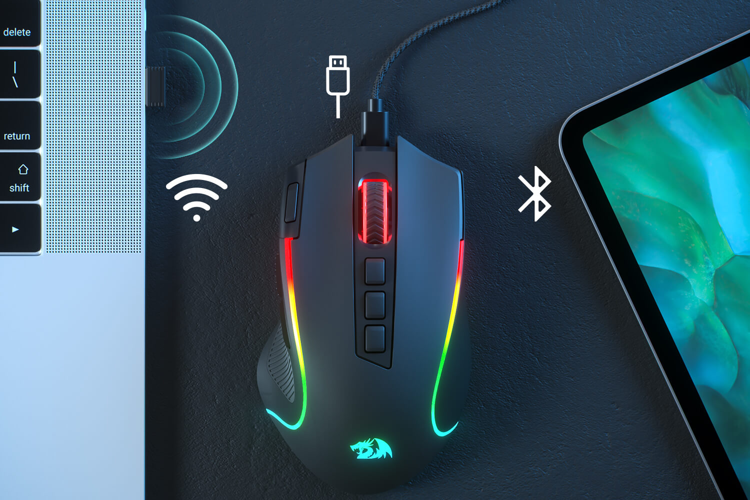 Top view of the Redragon PREDATOR M612 PRO gaming mouse connected to a laptop and tablet via Bluetooth and wired USB-C options, highlighting its wireless connectivity