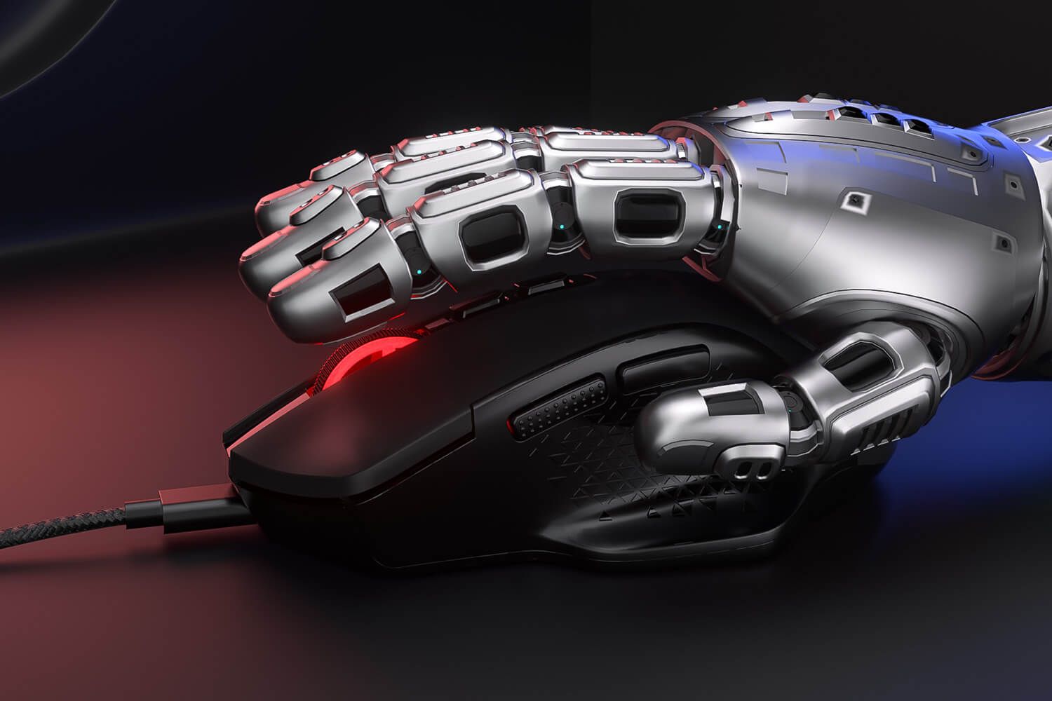 Redragon M695 gaming mouse with a futuristic robot hand attachment on a dark background
