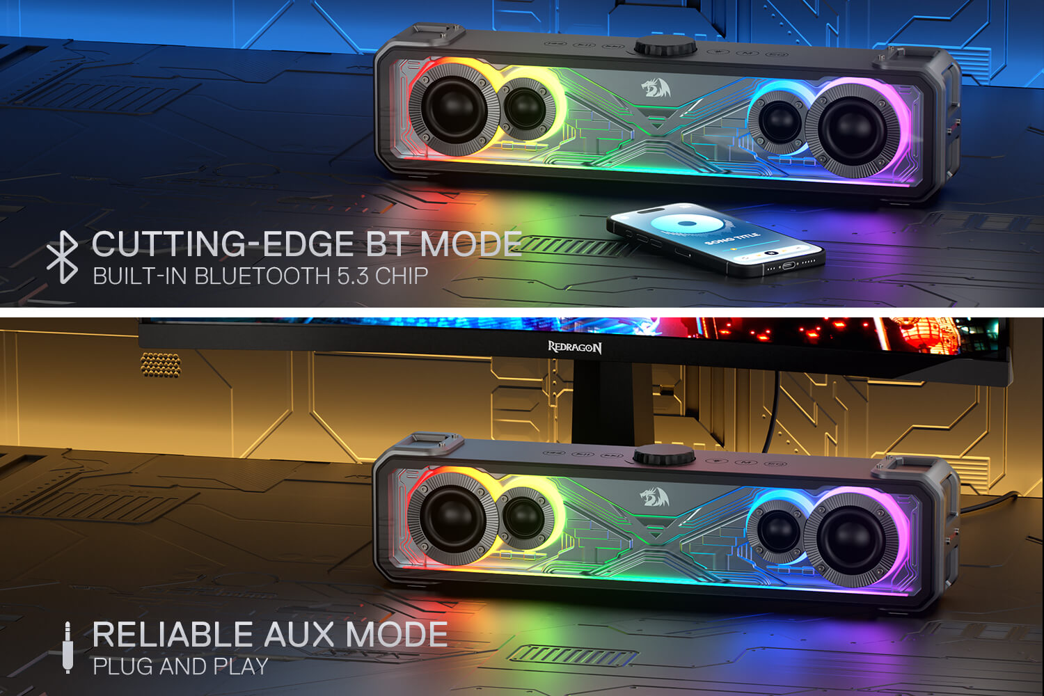 Redragon GS817 RGB Desktop Soundbar, 2.0 Channel Stereo Speakers for Desktop w/Massive 30W Max Power, Touch-Control, Bluetooth 5.3 & 3.5mm AUX Inputs, Black