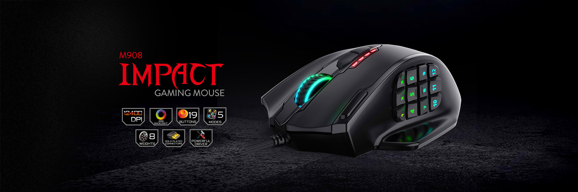 Redragon M908 Impact Gaming Mouse showcasing 12400 DPI, 19 programmable buttons, and RGB backlight.