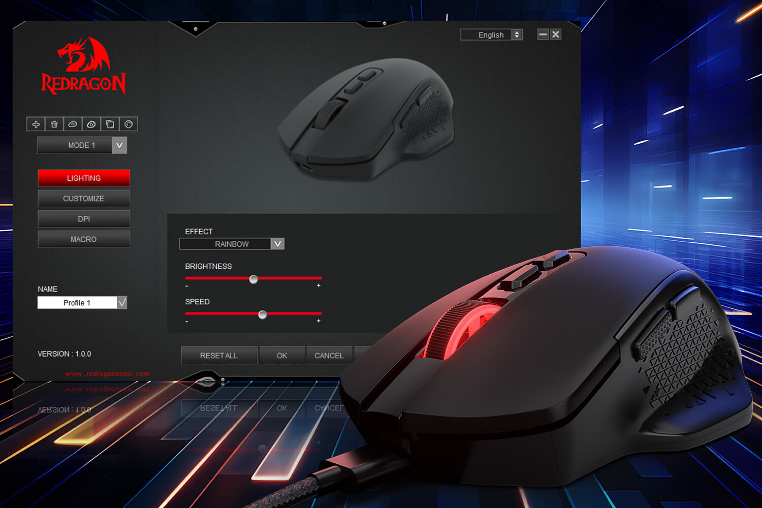 Gaming mouse with Redragon software interface on a futuristic background