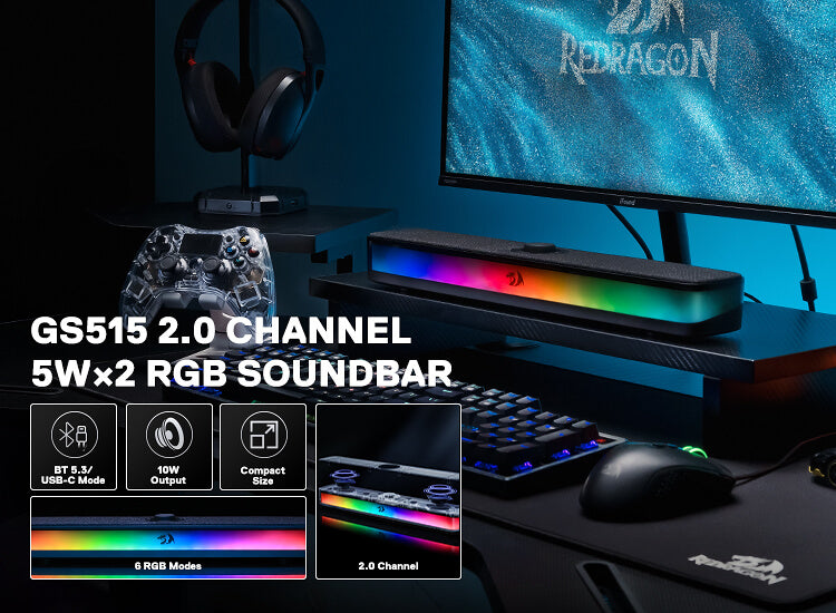 Redragon GS515 RGB Desktop Soundbar, 2.0 Channel Stereo Computer Speakers for Desktop with Bluetooth 5.3, USB-C/USB Powered, Black