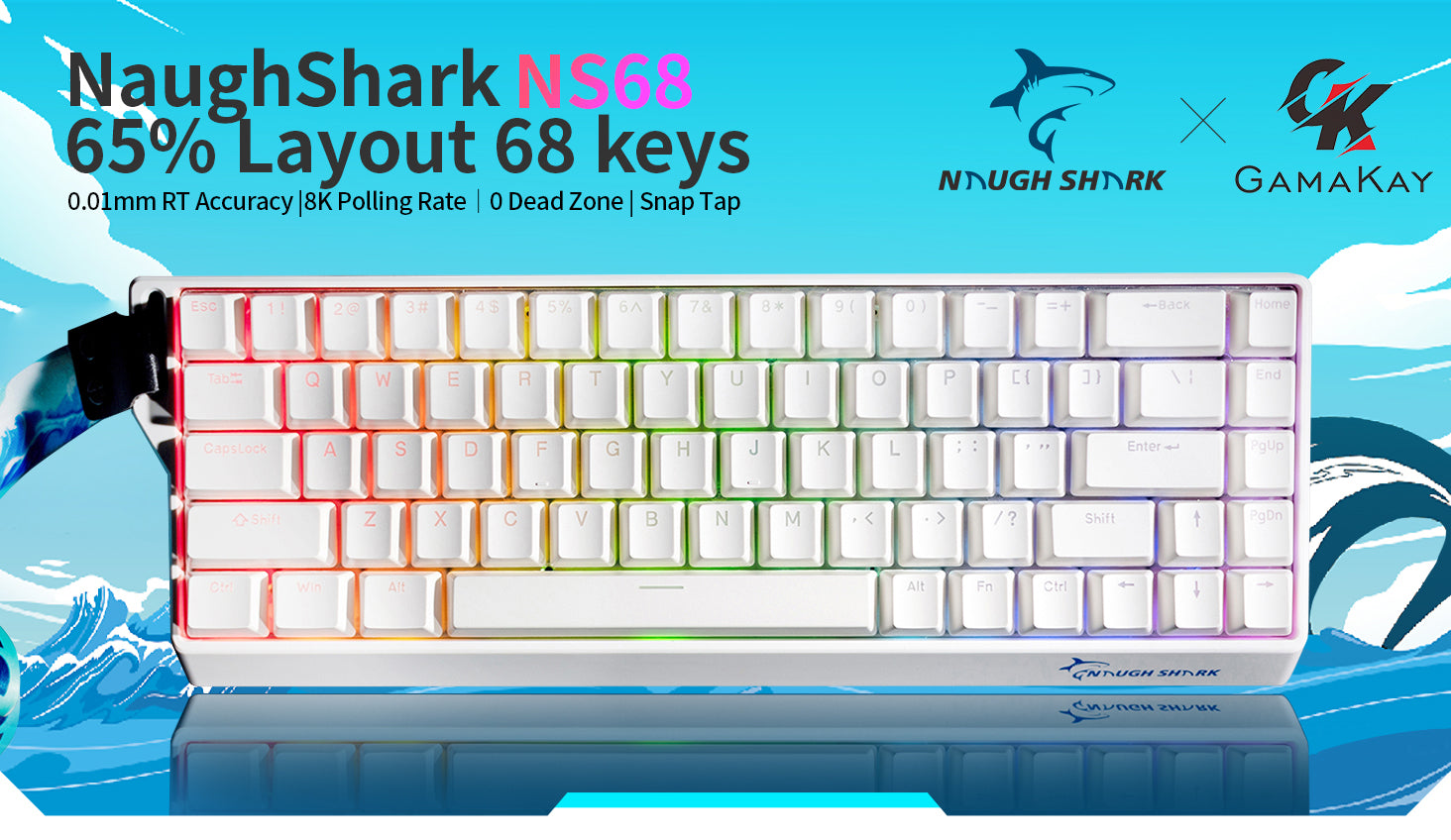 NaughShark NS68 65% Hall Effect Mechanical Keyboard with 68 keys, featuring 0.01mm rapid trigger accuracy, 8K polling rate, no dead zone, and Snap Tap technology. White compact layout with RGB lighting, co-branded by Naugh Shark and GamaKay.