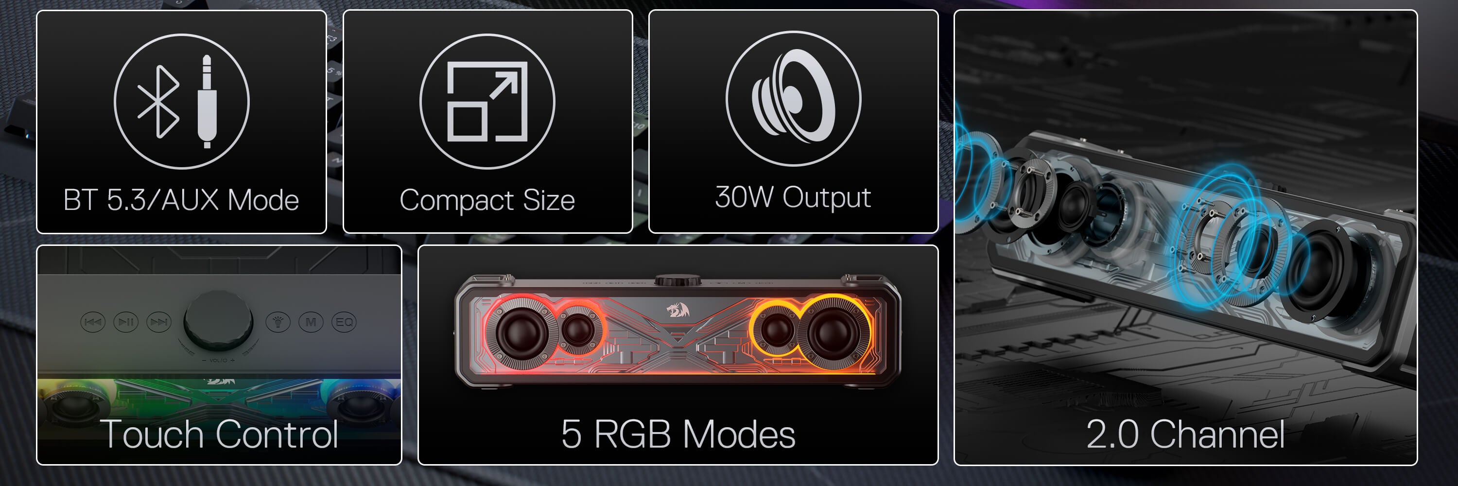 Redragon GS817 RGB Desktop Soundbar, 2.0 Channel Stereo Speakers for Desktop w/Massive 30W Max Power, Touch-Control, Bluetooth 5.3 & 3.5mm AUX Inputs, Black