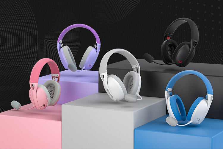 Redragon H848 Pro headphones in multiple colors, featuring tri-mode connection, 7.1 virtual surround sound, and long battery life