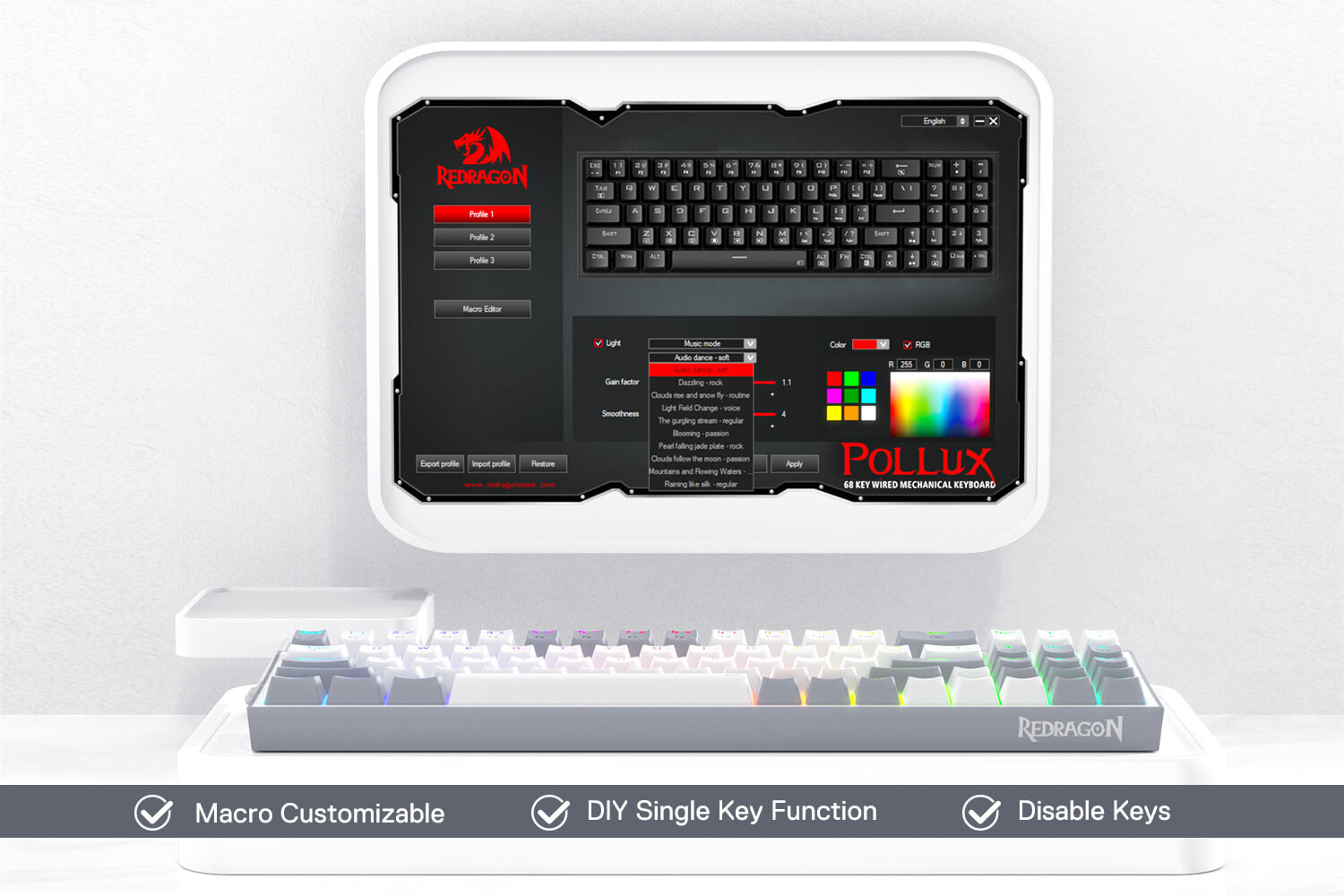 Redragon K628 Pollux 75% Wired RGB Gaming Keyboard