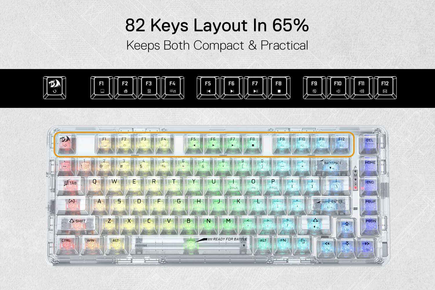 3-Modes 82 Keys Full-Transparent Hot-Swap Compact Mechanical Keyboard w/Upgraded Socket
