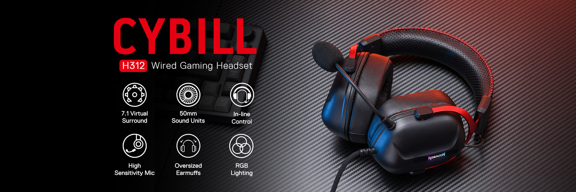 Redragon H312 Wired Gaming Headset, 7.1 Surround Sound, 50 mm Drivers, PU Leather Foam Ear Pads, Detachable Noise-canceling Microphone, Over-Ear Headphones Works for Mobile, PC/PS3/PS4/PS5