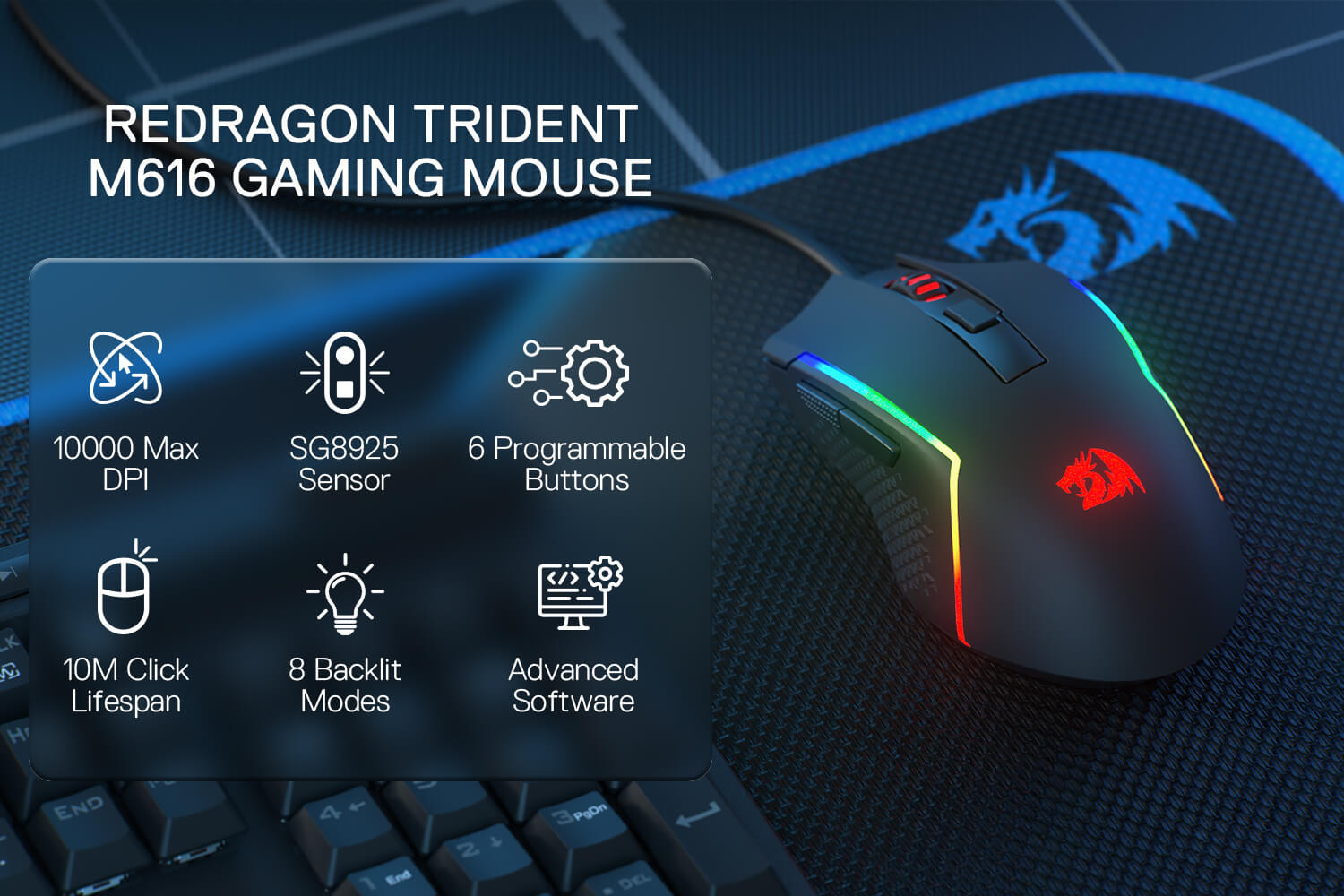 Redragon M616 RGB Gaming Mouse, 10000 DPI Wired Optical Mouse with 6 Programmable Buttons & 8 Backlit Modes, Software Supports DIY Keybinds