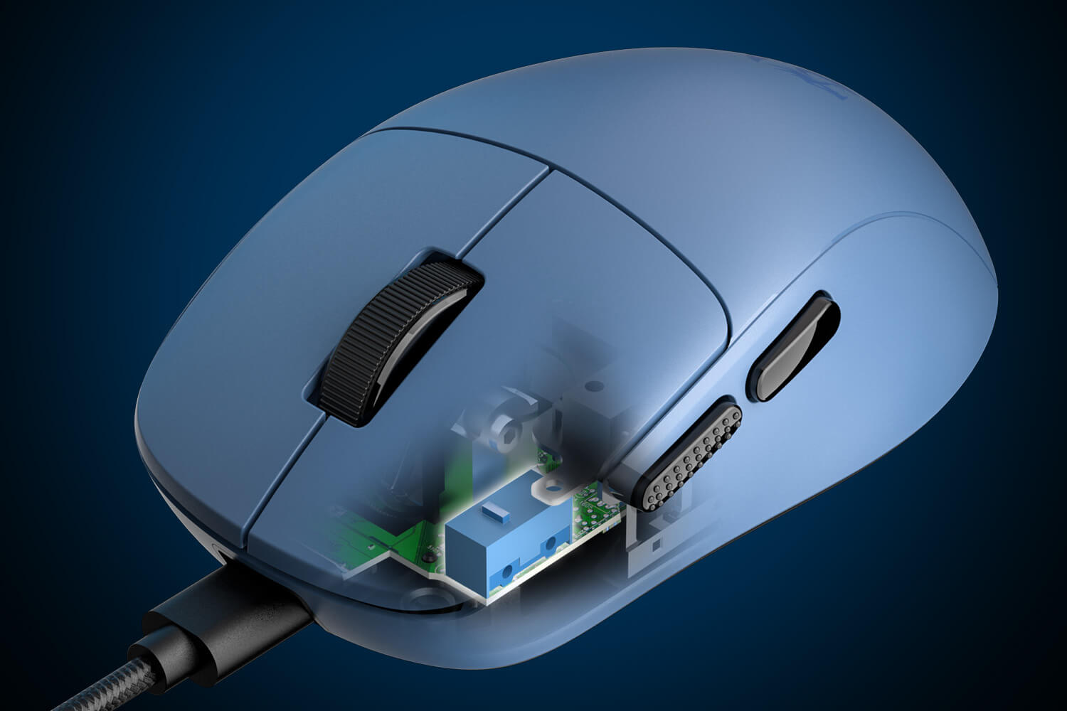 Redragon Blue computer mouse with internal components visible on a dark blue background