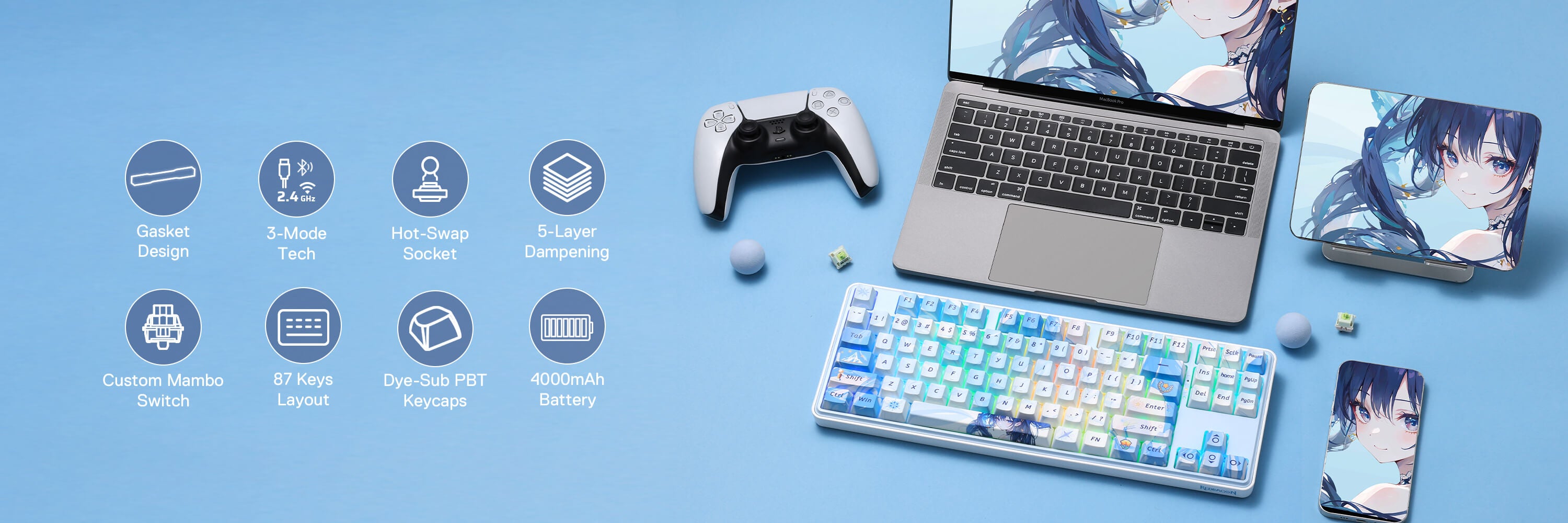 Redragon K707 PRO SE 80% Wireless Gasket RGB Gaming Keyboard, 3-Modes 87 Keys TKL Anime Mechanical Keyboard w/Hot-Swap Socket, Dye-Sub PBT Keycaps & 5-Layer Noise Dampening, Custom Linear Switch