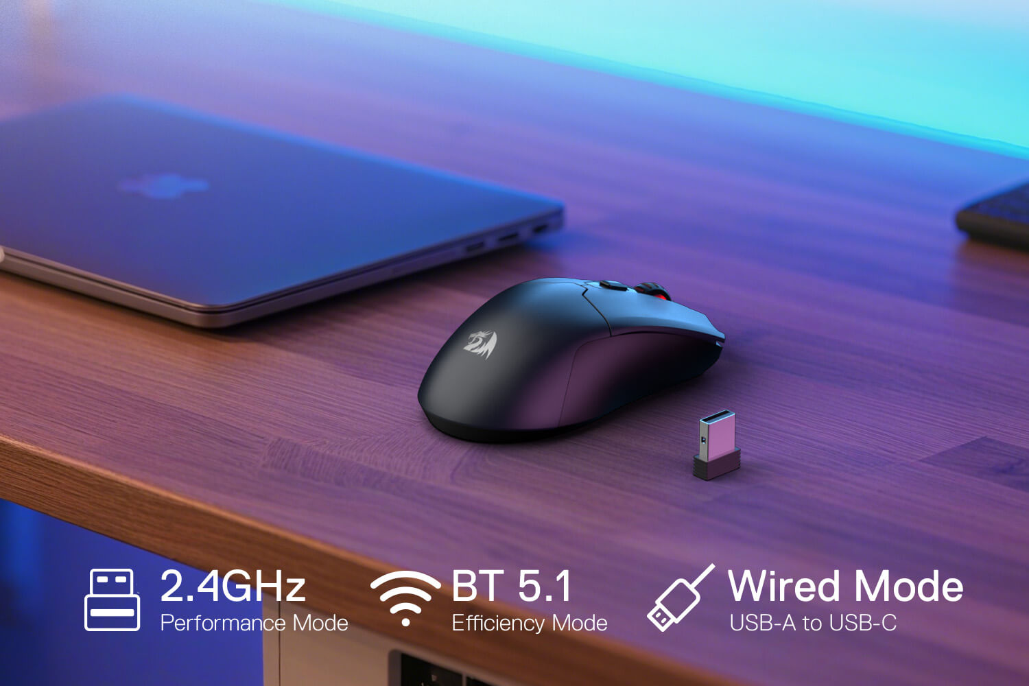 Gaming mouse with USB-C adapter on a desk next to a laptop, highlighting connectivity modes.
