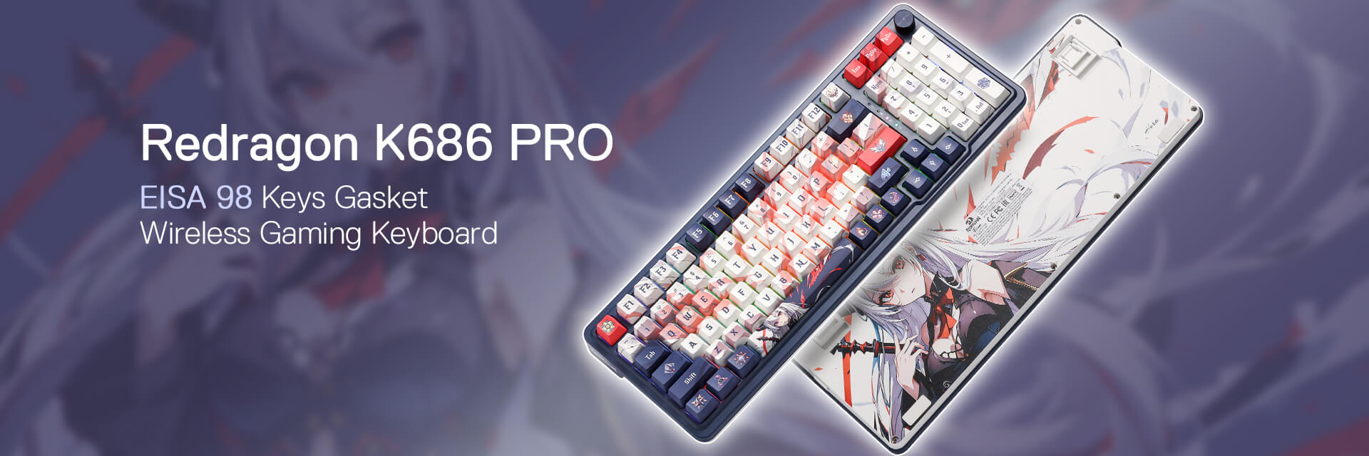 Redragon K686 PRO SE wireless gaming keyboard with 98 keys and anime-themed design, featuring gasket mount for enhanced typing feel.