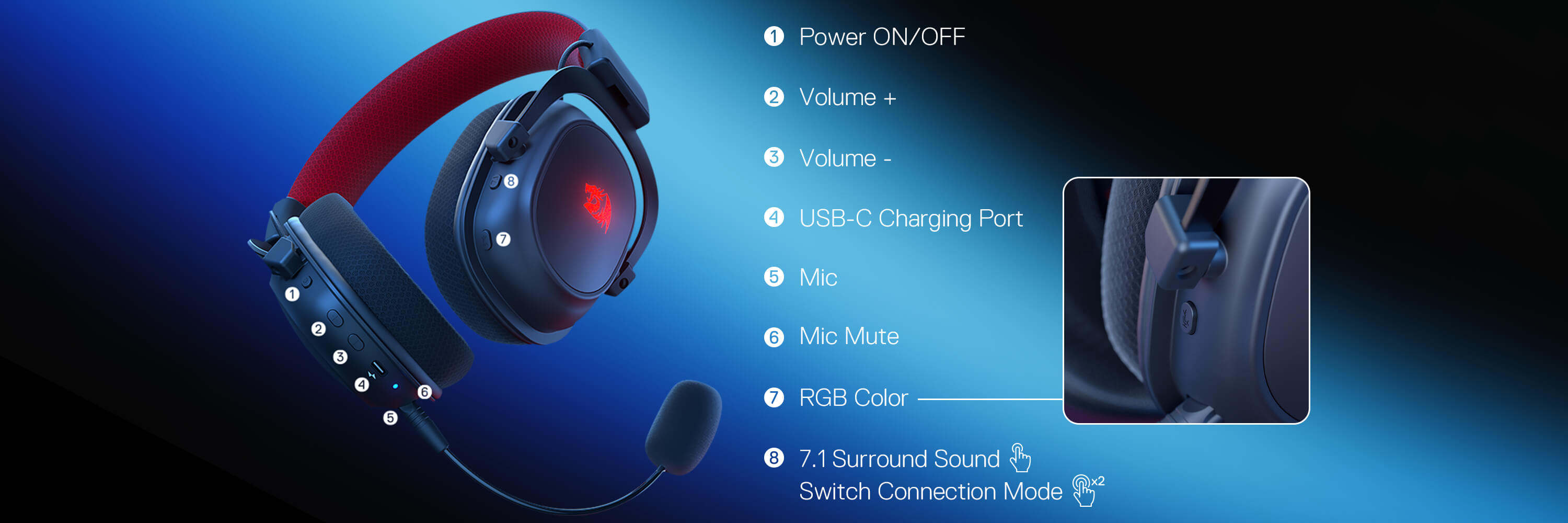 Close-up of Redragon H510 ZEUS-X wireless RGB gaming headset highlighting key features like 7.1 surround sound, on/off switch, USB-C charging port, volume control, AUX jack, detachable mic, and mute button