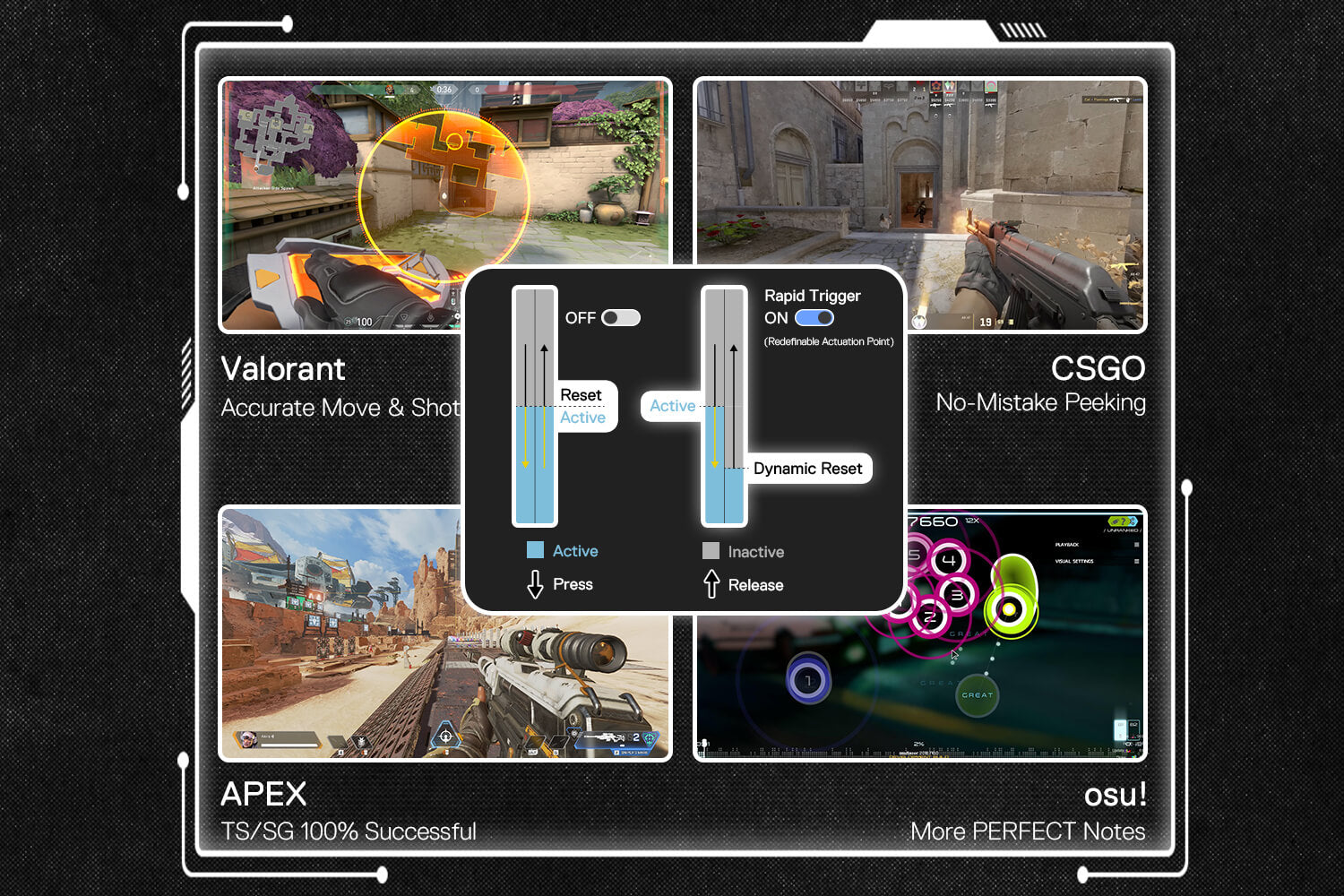Game interface with various game modes and features on a black background