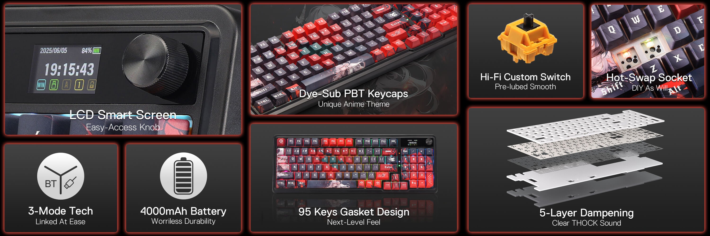 Redragon K719 PRO Wireless Gasket Gaming Keyboard w/Hype Screen & Knob, 95 Keys Mechanical Keyboard