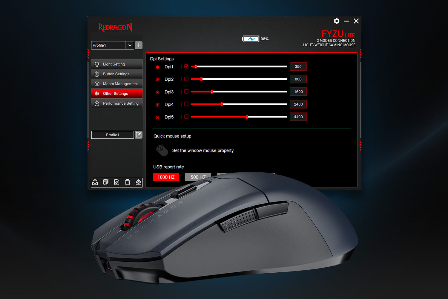 Gaming mouse with a software interface on a dark background